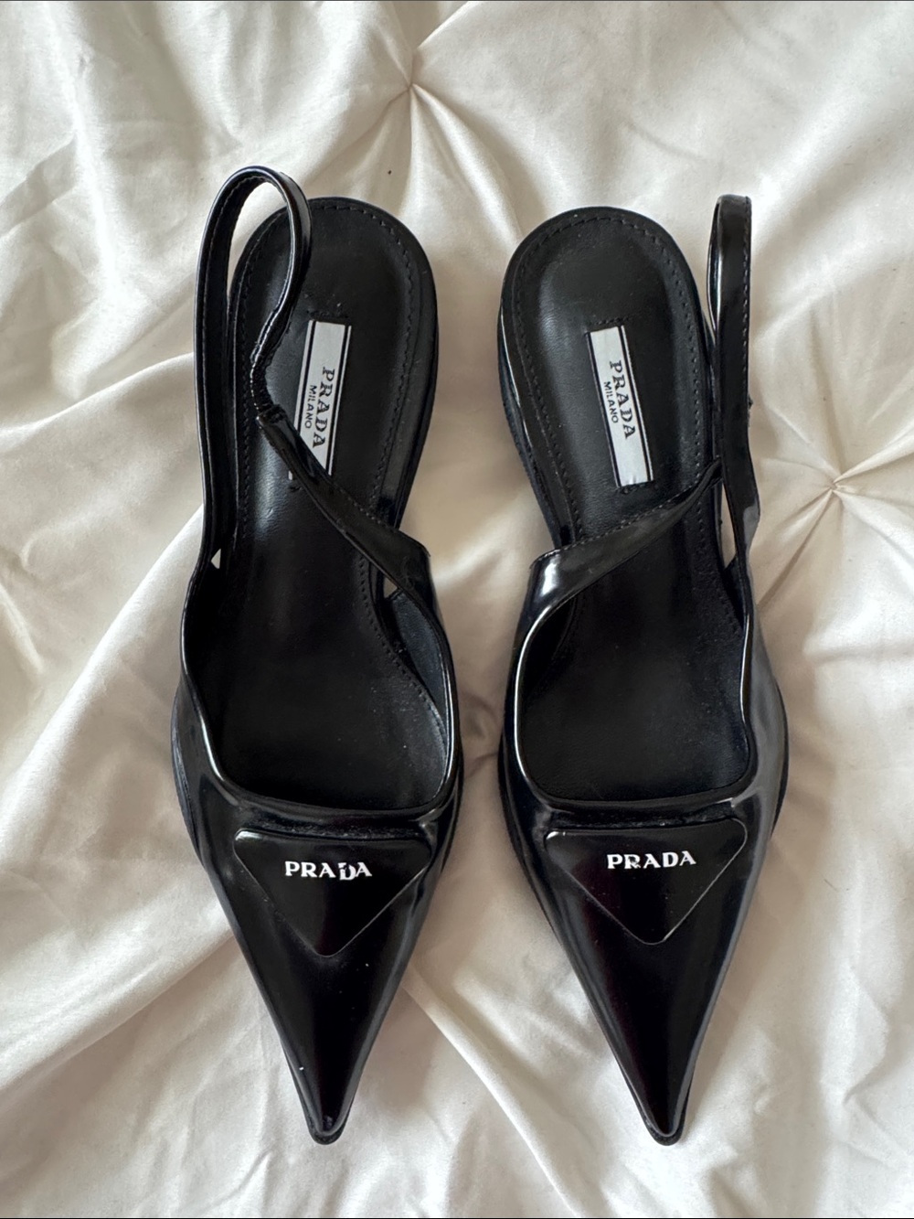 Prada Black Patent Pointed Slingback Mules